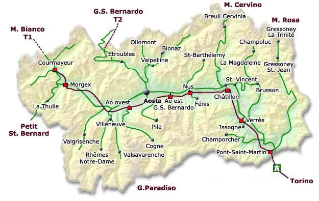 Belangrijkste verkeersaders in Val d'Aosta